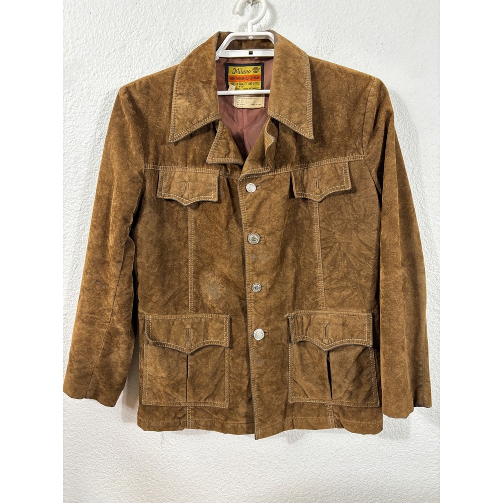 Milano Jacket Medium‎ Brown Vintage 70s Suede Style Safari Utility